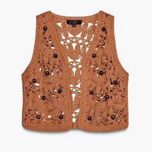 [🌟 PRICE FIRM] 🌞 ZARA Beaded Knit Vest Macrame Terracotta Rust Crochet S